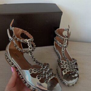 NWT Alaia Platform Gladiator Sandals Silver Studded Patent Leather Size 37.5